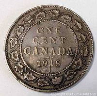Reverse of 1918 Canadian one-cent coin