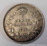 Reverse showing 5 CENTS CANADA 1919, wreath and crown