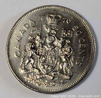 Reverse side showing Canadian Coat of Arms with legends CANADA 1970 50 CENTS