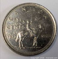 Reverse showing RCMP rider, denomination 25 CENTS, dates 1873-1973