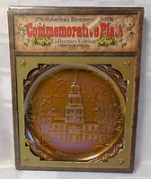 Box front showing plate and printed 1776-1976 American Bicentennial Commemorative Plate Indiana Glass Co