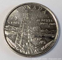 Reverse of 2005 Alberta quarter showing oil derrick, landscape, wild rose and inscriptions