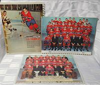 Three newspaper cutouts displayed: team portrait 1966-67, team with trophies, J.C. Tremblay action shot