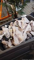 Large tote containing numerous white and black track lighting heads wrapped in packing paper