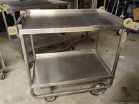 Full view of stainless steel 2-tier cart showing both shelves and wheels