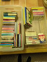 Two clear storage bins filled with stacked paperback books
