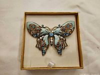 Front view of butterfly brooch in box