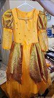 Front view of gold/yellow princess dress on hanger