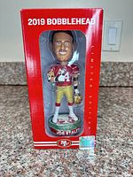 Front view of boxed Joe Staley 2019 limited edition 49ers bobblehead