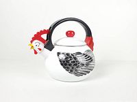 Front view showing rooster head spout, feather graphics, lid and handle