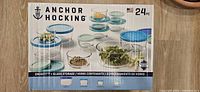 Retail box showing Anchor Hocking SnugFit 24-piece glass storage set