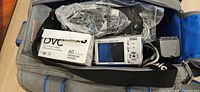 Sony digital camera, DVC tape, cables inside grey bag