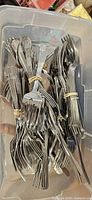 Groups of stainless steel forks and knives bundled with rubber bands inside a clear plastic storage bin