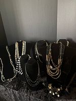 Group view of 11 necklaces and 9 earring pairs on stands