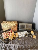 Group shot of all items including bag, cosmetic bag, wallets and earrings
