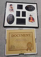 Top: 11x14 collage frame with mat openings and stock photos; bottom: 8.5x11 document frame with sample certificate insert