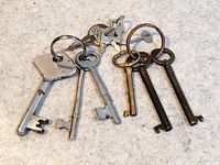 Group of all keys on two rings laid out on fabric surface