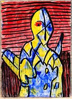 Front view of painting showing abstract figure, colors, front signature e9