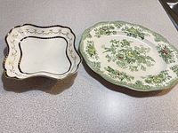 Top view of both serving pieces showing shapes, patterns and trim