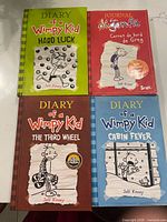 All four books laid out showing covers Hard Luck, Journal d'un dégonflé, The Third Wheel, Cabin Fever