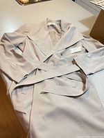 Full view of trench coat with belt and buttons