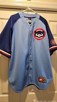 Front view of light blue Chicago Cubs Andre Dawson jersey on hanger
