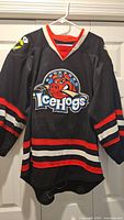 Full front view of Rockford IceHogs Reebok jersey on hanger