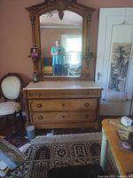 Full view of dresser, mirror, marble top and drawers
