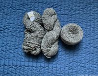 Three skeins of light grey single-ply wool yarn—two hanks, one cake—on blue background