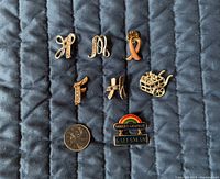 All seven pins with coin for scale