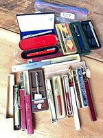 Overall view of boxed pen assortment