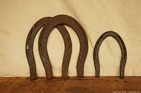 Front view of three horseshoes leaning against backdrop