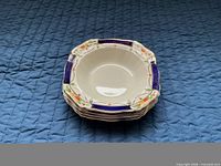 Stack of five shallow bowls showing octagonal shape and decoration