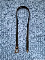 Full view of black leather belt showing buckle to tip