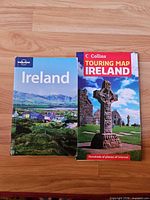 Guidebook and map side by side on wood floor