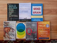 Seven paperback books laid out showing front covers