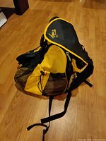 Front angle showing yellow and black body, mesh pocket and bungee cords
