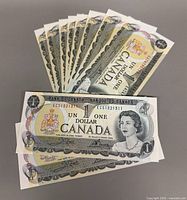 Ten Canadian one-dollar bills fanned out, obverse side visible