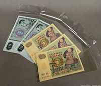Overview of all five banknotes in clear sleeves