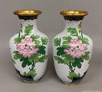 Front view of both cloisonné vases showing pink peony design