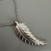 Close-up of feather pendant attached to bead chain