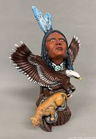 Full front view of sculpture showing chief, eagle wings, eagle head and wolf