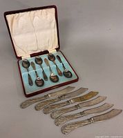 Overall view showing six teaspoons in case and six butter spreaders