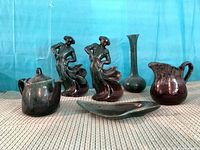 Group shot: two figurines, vase, teapot, pitcher, tray