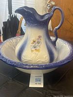 Pitcher resting in matching basin showing full set coloring and design