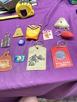All ten keychains displayed on purple cloth