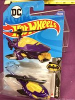 Front of sealed Hot Wheels Batcopter blister card showing purple and yellow helicopter