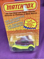 Front view of sealed Matchbox Model 'A' Hot Rod on card