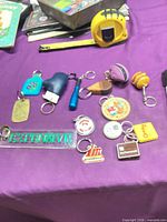 Group shot showing all 14 keychains on purple surface