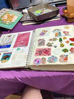 Open album showing assorted puffy stickers on clear pages